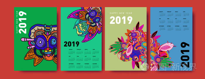 2019年日历设计模板与彩色多边形插图背景