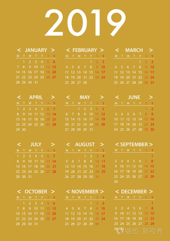 2019周的日历从星期一开始. 简单矢量图形设计模板