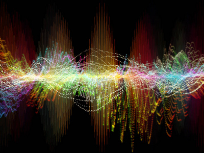 波函数系列。彩色正弦振动光和分形元素的设计，作为与声音均衡器音乐频谱和量子概率有关的项目的背景