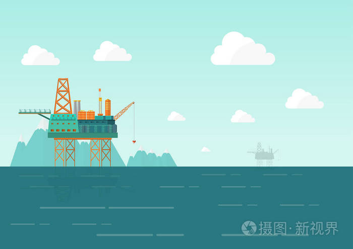 海上的钻机石油平台天然气燃料工业近海钻井技术景观平面矢量插图