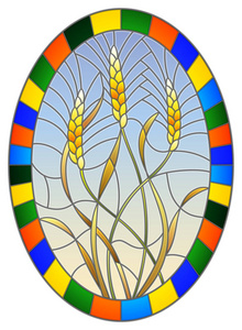 彩色玻璃样式插图，天空背景上有谷物植物的穗，明亮的框架内有椭圆形的图像