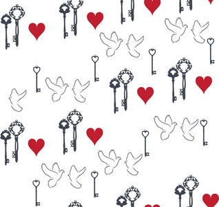 矢量插图的情人节无缝背景与钥匙和鸽子。
