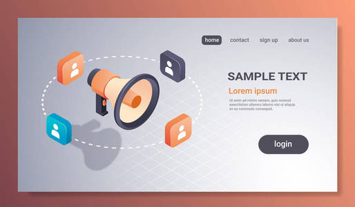 社交媒体推广数字营销概念扬声器麦克风图标广告和促销3d 等距平面水平复制空间