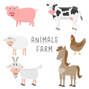 一套动物在农场卡通平面设计。 矢量插图