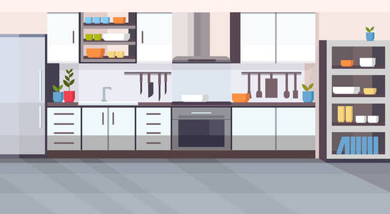 现代厨房室内设计空无人房间与现代家电平水平