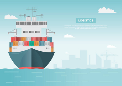 海运物流。 海运。 货船集装箱运输采用平式。 矢量插图