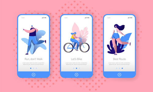 活跃的城市生活方式移动应用程序在板载屏幕设置。男人跑者性格, 女人骑自行车, 女孩溜冰场。城市户外健身概念的网站或网页。向量平的
