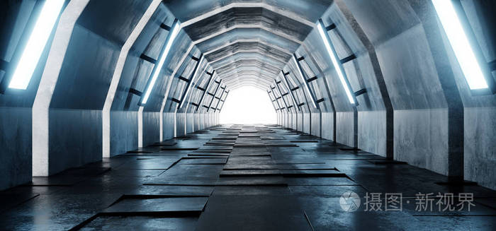 科幻椭圆形弧形外星空长格栅混凝土瓷砖反光地板走廊隧道大厅与蓝光