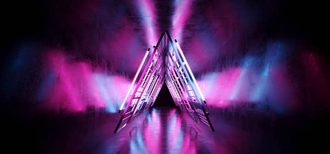 未来感S CI FI霓虹灯，发光的空舞光，发光的紫粉红色，蓝色的金属结构，舞台隧道走廊与Grunge混凝土反射3渲染插图。