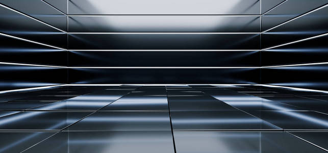 SCIFI外星大厅房间反光材料平铺地板条纹LED激光蓝色发光灯空空间舞台展示室黑暗充满活力的三维渲染插图