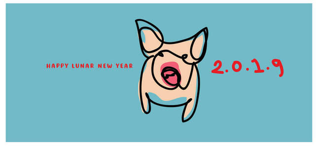 2019中国新年用简单的极简主义卡通线艺术插图猪