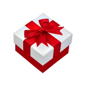 白色礼品盒与红色丝带弓隔离在白色。 矢量图。