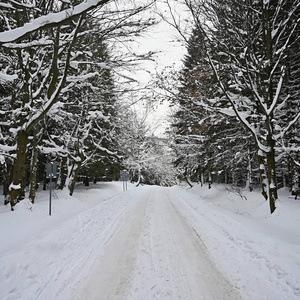 冬天的路。 雪山小径为汽车。 冬季乘车旅行和安全驾驶的概念。