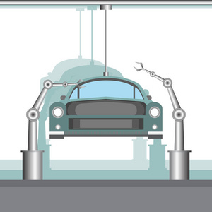 工业工厂机器和制造汽车工艺技术的扁平风格。 矢量插图