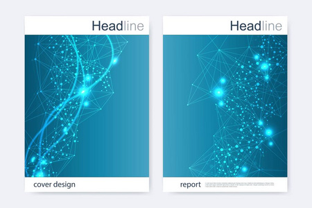 科学的宣传册设计模板。矢量海报布局 分子结构与连接的线和点。科学模式原子 Dna 与杂志 传单 封面 海报设计元素