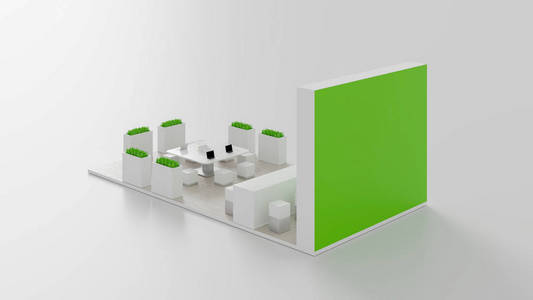 白色和绿色展位3D渲染的概念