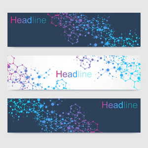 科学的一套现代的矢量横幅。连接线和点的 Dna 分子结构。科技理念。波浪流图形背景为您的设计。矢量插图