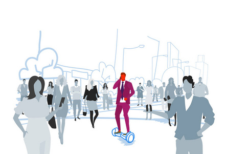商人骑电动滑板车电话在街上呼叫从人群中的人剪影个性领导概念城市景观背景素描涂鸦水平
