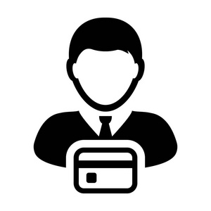购物图标矢量男性用户个人简介化身符号与借记卡银行金融概念平面彩色象形文字插图