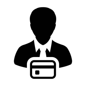 电子商务图标矢量男性用户个人简介化身符号与信用卡银行金融概念平面彩色象形文字插图