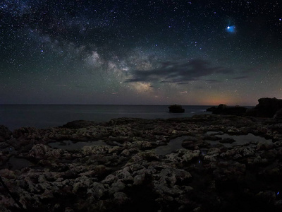 在岩石悬崖和海夜景观上令人叹为观止的充满活力的银河形象