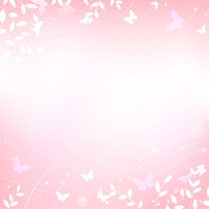 淡粉色的浅粉色的春夏背景，以蝴蝶和树为主题的甜蜜爱情