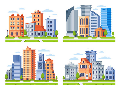 房地产建筑。城市房子城市景观, 镇公寓房子大厦和都市住宅区向量例证集合