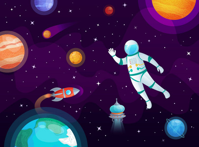 宇航员航天器火箭在开放空间,宇宙行星和行星动画片向量背景例证照片