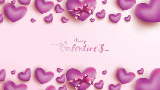 快乐情人节贺卡与粉红色和紫色心脏气球丝带。 爱背景概念适合复印空间，文字，壁纸，传单，邀请，海报，横幅