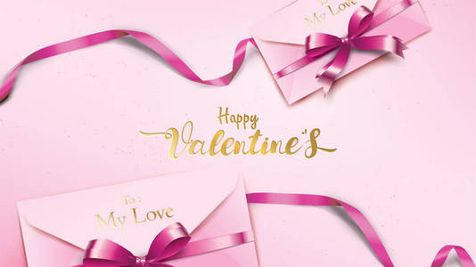 情人节快乐贺卡，粉红色信封和紫色的心。 黄金情人节丝带概念文本适合横幅海报广告和促销背景