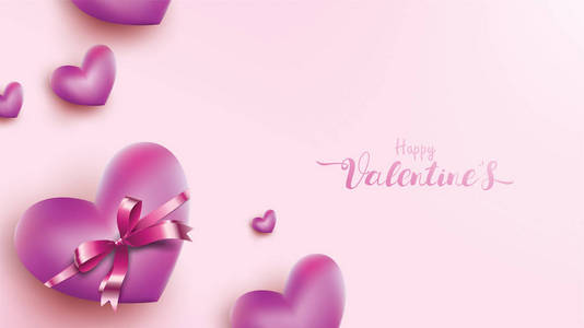 快乐情人节贺卡与粉红色和紫色心脏气球丝带。 爱背景概念适合复印空间，文字，壁纸，传单，邀请，海报，横幅