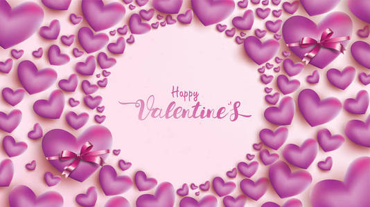 快乐情人节贺卡用粉红色和紫色的心气球丝带形状圆圈。 爱的背景概念适合复印空间，文字，传单，邀请，海报，横幅