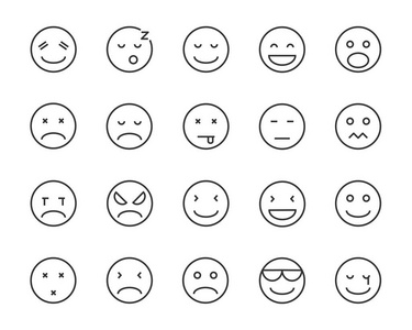 一组表情符号矢量线图标，如快乐困倦悲伤愤怒无聊等