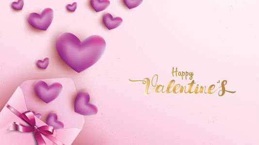 情人节快乐贺卡，粉红色信封和紫色的心。 黄金情人节丝带概念文本适合横幅海报广告和促销背景