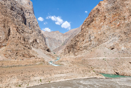 帕米尔高速公路在瓦坎走廊采取的塔吉克斯坦于2018年8月在HDR。