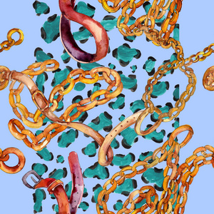 金链和皮带素描魅力例证。水彩插图集。无缝的背景模式