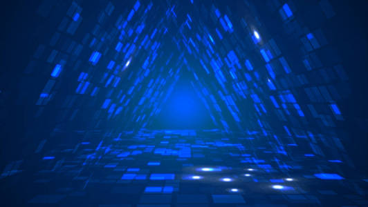 抽象未来派三角形数据隧道蓝色背景。 信息技术图形插图概念。