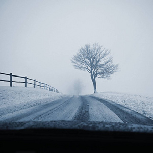 冬天开车。 从一辆汽车的内部观看雪道上的司机的眼睛。 冬季驾驶安全的概念。