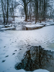 在多云的冬日里，部分冰冻的特写细节，积雪覆盖地面，抽象的背景，悲伤的概念