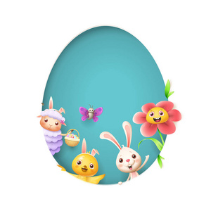 复活节朋友，羊，兔子，鸡，蝴蝶，花在蓝色背景上的蛋形洞后面偷看