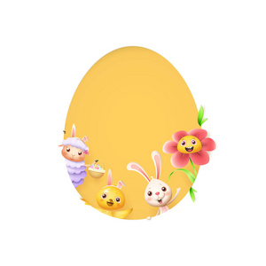 复活节朋友，羊，兔子，鸡和花，在黄色背景上的蛋形洞后面偷看。
