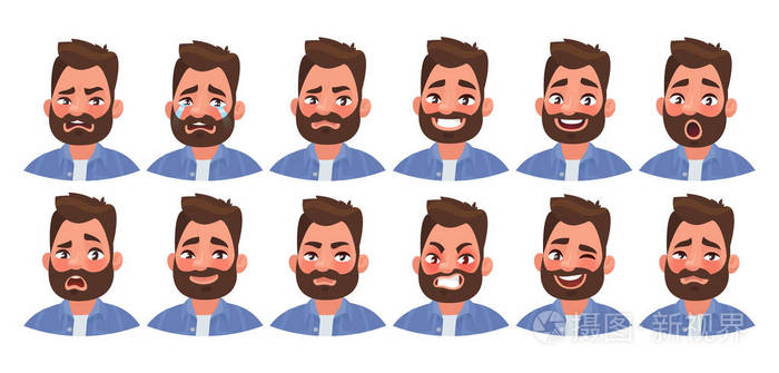 一套不同的情感男性性格英俊的男人表情丰富面部表情