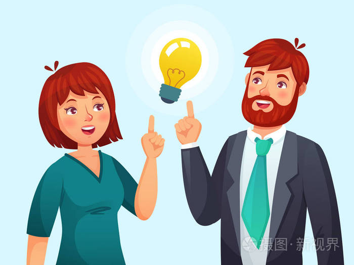 有想法的夫妇丈夫和妻子有解答成人男性和女性解决的问题或想法灯卡通