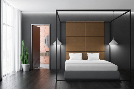 现代卧室的内部有深灰色的墙壁，木制地板，灰色的主床，附近有两盏灯，并打开浴室门。 3D渲染