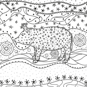 华丽的壁纸和猪. 手绘在白色上挥动装饰品. 孤立背景上的抽象模式.