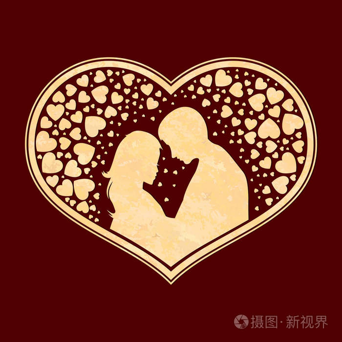 波纹心剪影组成与男人和女人在爱