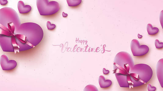 情人节快乐贺卡用粉红色和紫色的心气球丝带。爱的背景概念适合复制空间文字壁纸，传单，邀请，海报，小册子，横幅