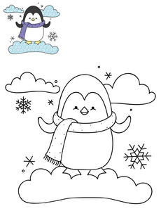 卡通可爱企鹅在云上的着色页轮廓。 手绘矢量插图。 给孩子们的着色书。 孤立的。