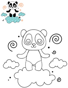 卡通可爱熊猫在云上的着色页轮廓. 手绘矢量插图. 给孩子们的着色书.