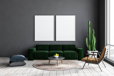 灰色客厅内部有轻木地板绿色沙发和靠近圆桌的皮革扶手椅和两张垂直海报。 3D渲染模拟